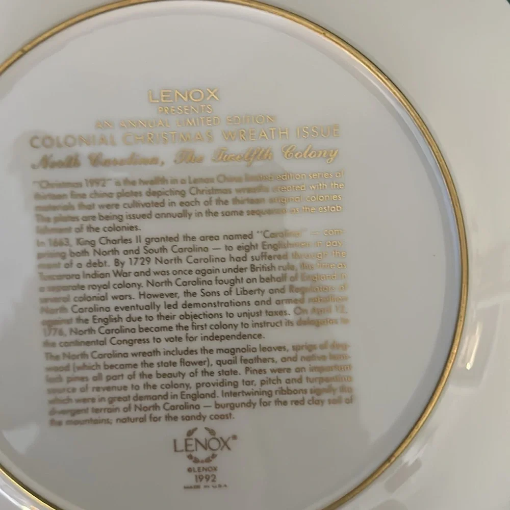 Lenox 1992 Colonial Christmas Wreath Plate North Carolina #12 in Series